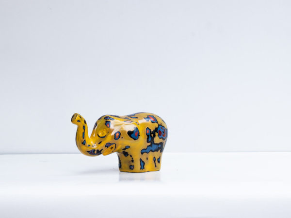 Green Signature Home Décor, a rare sustainable papier mache art deco sculpture- The Cheering Yellow and Blue Elephant